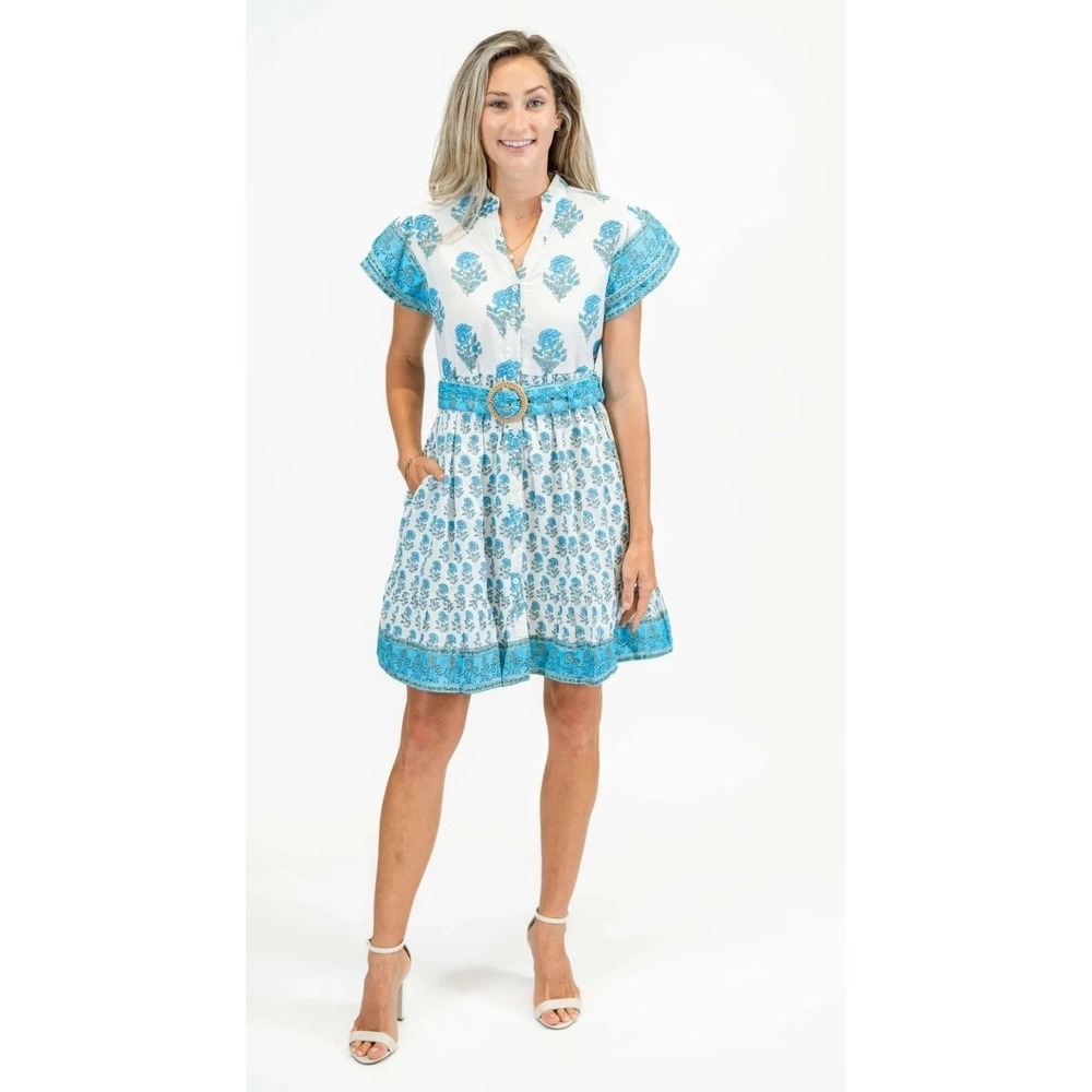 Victoria Dunn Block Print Capri Blue Flutter Sleeve Callie Dress MSRP $204  2XL